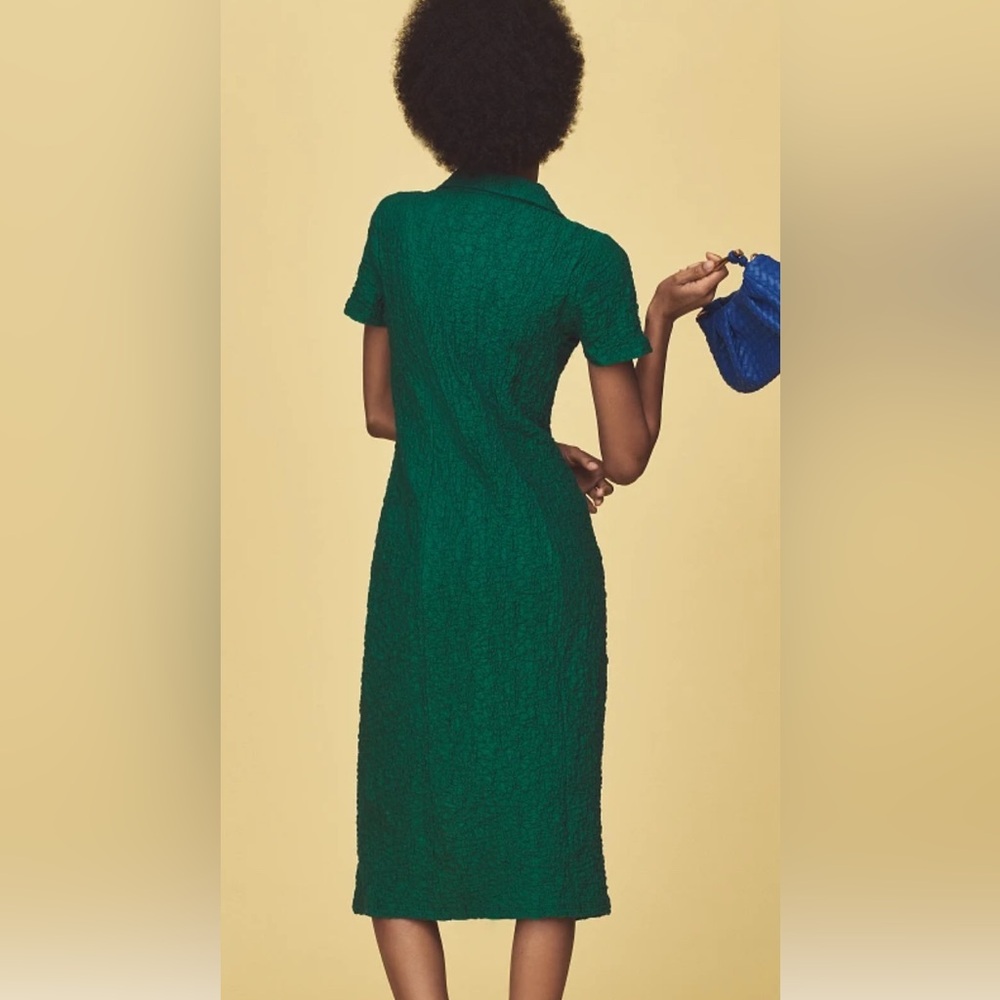 NWOT By Anthropologie Green Textured Short-Sleeve Collared Button Midi Dress XS - Picture 2 of 5